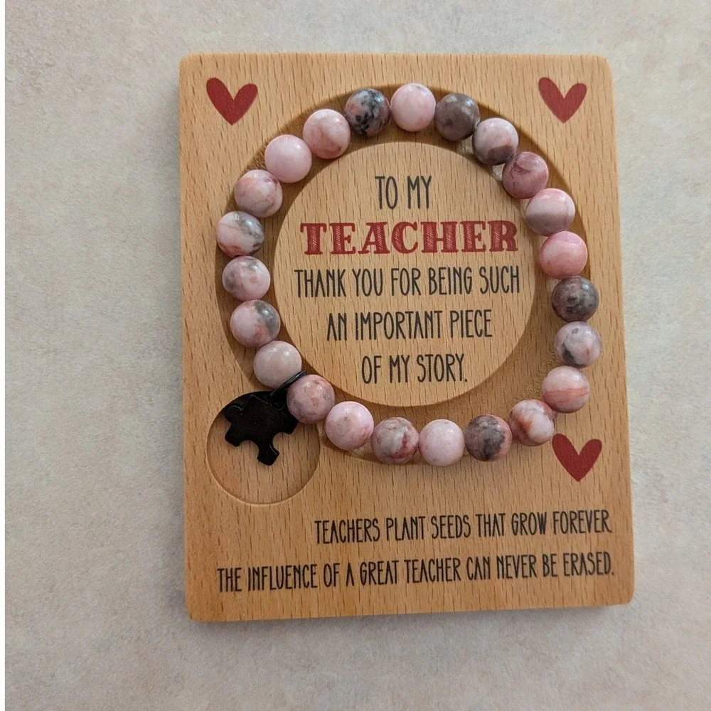 Teacher Appreciation Natural Pink Stone‎ Beaded Bracelet with Puzzle Piece Charm